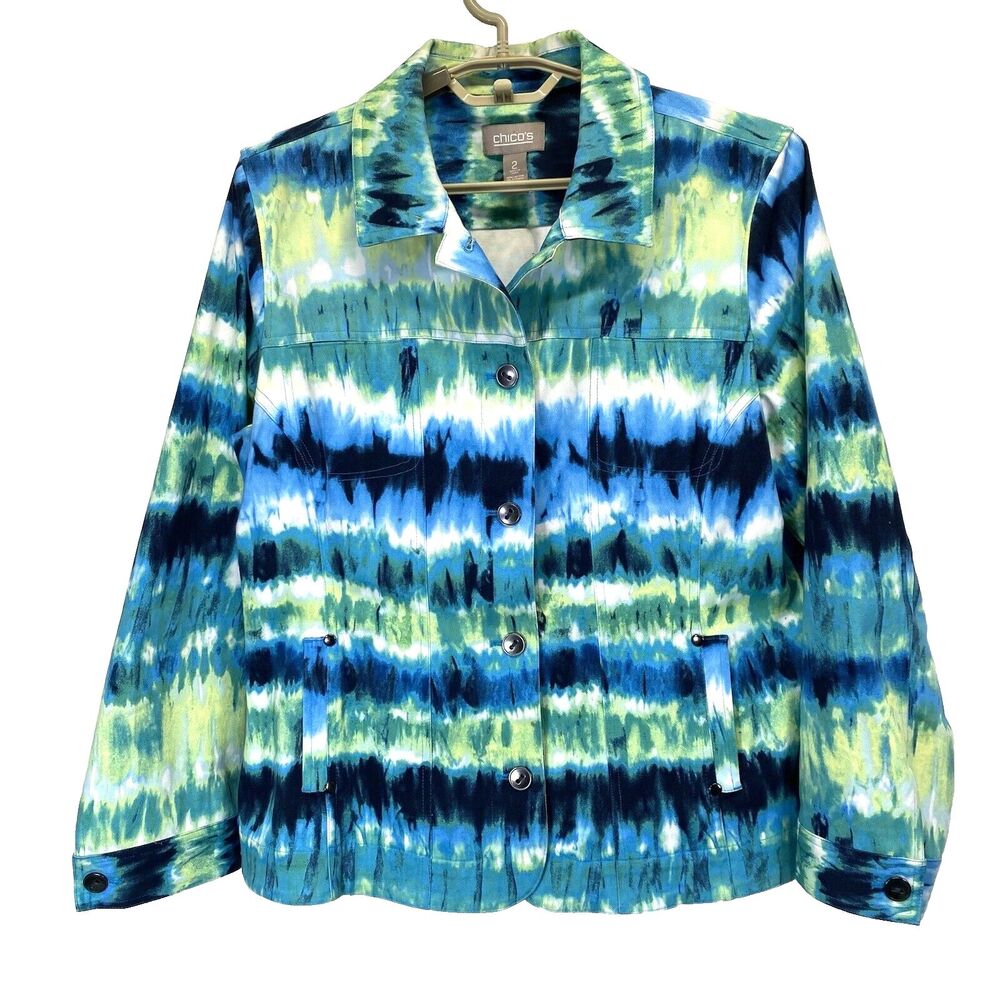 Chico's Womens Blazer Jacket Size 2 Multicolor Blue Green Button Up Long Sleeve